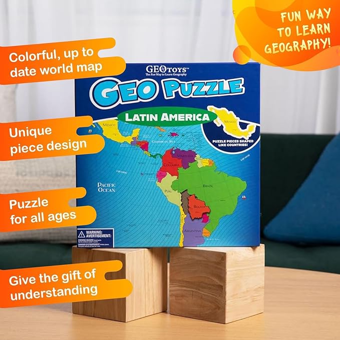 GeoToys GeoPuzzle, Latin America Jigsaw Puzzles, 50 Pc Geography Game & Map Puzzle, Educational Games & Kids Learning Activities, Puzzle Gifts for Children Ages 6-9, Fun Learning Toys for Kids