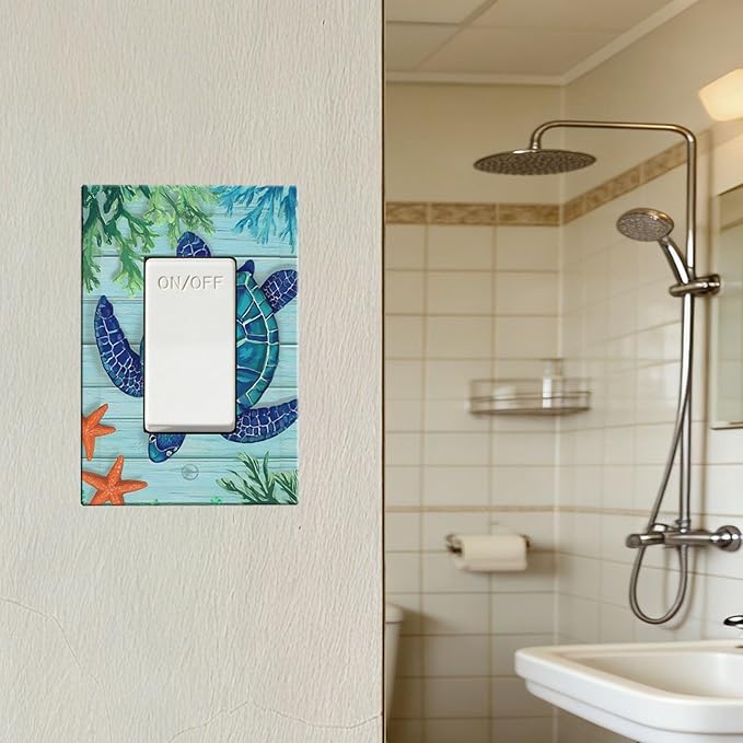 Coastal Sea Turtle Single Rocker Switch Cover - 1-Gang Standard US Size Mosaic Starfish Light Switch Covers, Nautical Ocean Theme for Coastal Homes
