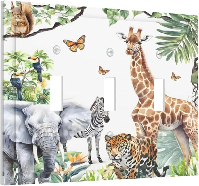 Elephant Giraffe Jungle Animals Leopard Zoo Decorative Switch Plates 3 Gang Wall Plate Triple Toggle Light Switch Cover Faceplate Electrical Wall Panels for Kids Room Nursery Decor