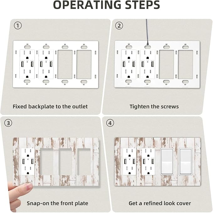 White Grey Wood 4 Gang Quad Rocker/Decor Light Switch Cover Plate Decorative Electrical Faceplate for Bathroom Room Decorate Jumbo Size Screwless 8.3" x 4.6