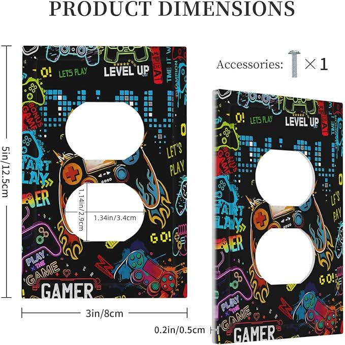 Gamer Video Game Themed Cool Controller Print Outlet Covers 1 Gang Duplex Light Switch Cover Decorative Switch Plates Electrical Receptacle Faceplate Wall Plate for Kids Room Office Decor