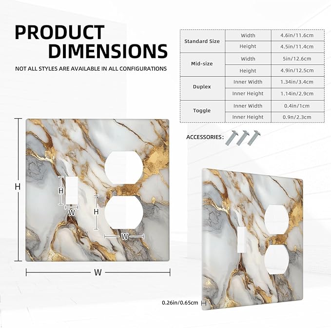 Light Switch Cover Plate White Gold Abstract Luxury Marble Patterns 2 Gang Outlet Covers 1 Toggle 1 Duplex Socket Cover Wallplates Electrical Switch Plate Covers for Bathroom Home Decor