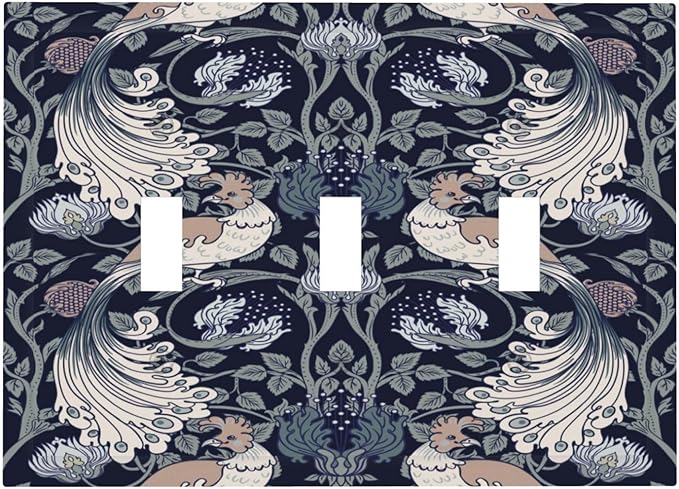 William Morris Vintage Floral Birds Peacocks 3 Gang Light Switch Covers Triple Toggle Wall Plate Decorative Switchplate Electrical Faceplate for Country Bathroom Bedroom Decor