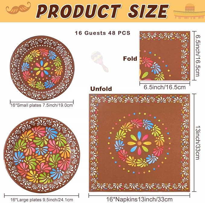 WERNNSAI Cielito Lindo Party Decoration - 48PCS Mexican Plates and Napkins Platos de Barro Mexicanos for Birthday Baby Shower Cinco de Mayo Talavera Party Decor Serves 16 Guest