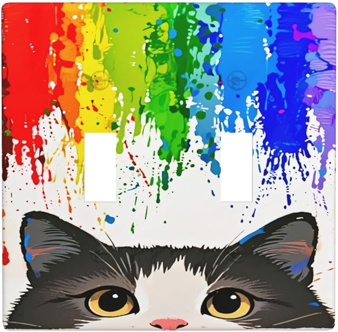 Cat Rainbow Double Toggle Wall Plate Decorative 2 Gang Light Switch Covers Electrical Switchplate Home Decorate Faceplat for Bathroom Bedroom Kitchen Room 4.5 x 4.5 Inch