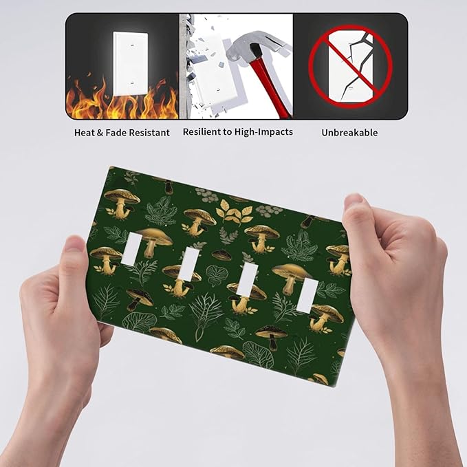Decorative Light Switch Cover Plate Cute Gold Mushtroom Green Plant Leaf 4 Gang Wall Plates for Electrical Outlets Quad Toggle Switch Plate Covers Outlet Covers Faceplate for Home Decor