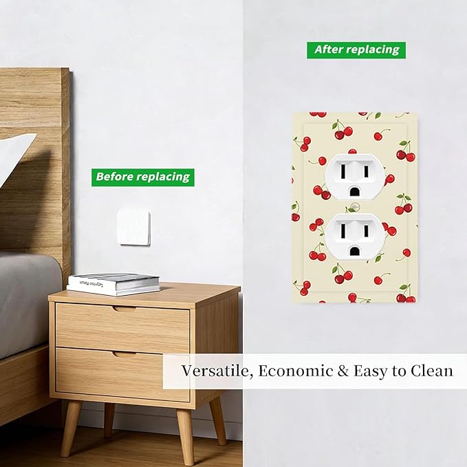 Sweet Cherry Blossom Duplex Wall Plate - 1-Gang Standard US Size Playful Cherry Duo Outlet Covers, Retro Cherry Print for Girls Room Decor