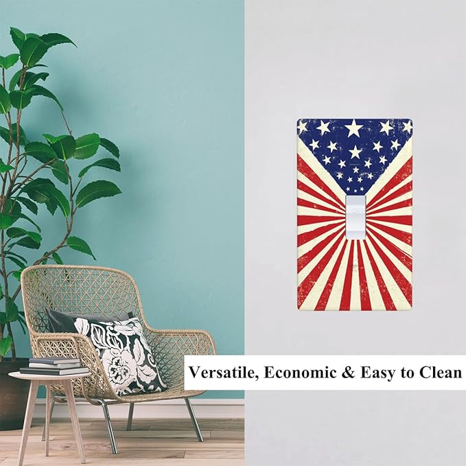 Vintage American Flags Single Toggle Light Switch Cover, Patriotic Theme 1-Gang Wall Plate 4.5 x 2.76 Inch for Home Office Decor