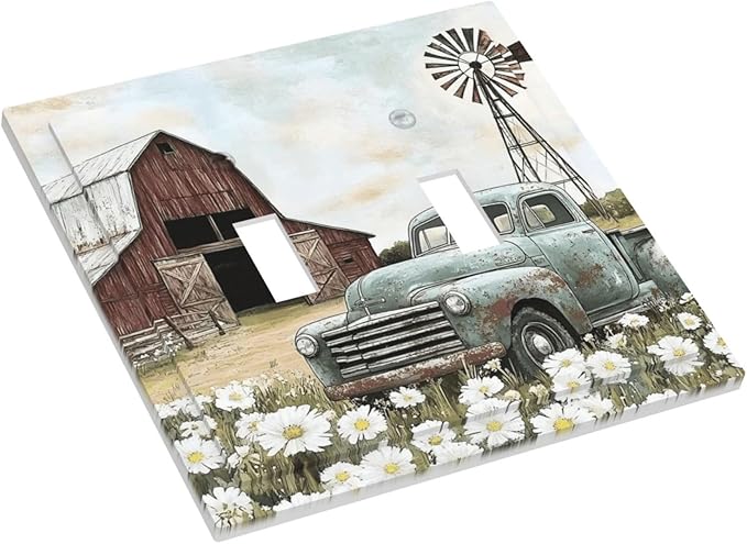 Retro Trucks Old Barn Windmill Teal Car Rustic Decorative Switch Plates 2 Gang Double Toggle Outlet Light Switch Cover Wall Plate Electrical Faceplate for Farmhouse Home Decor