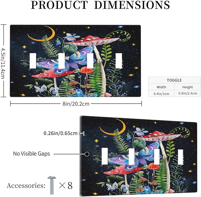 Moon Snail Boho Moth Mushroom Moon 4 Gang Quad Toggle Device Decorator Light Switch Cover Black Moth Witchy Botanical Plant Galaxy Night Starry Wall Plate Decorative Electrical Faceplate Switchplate