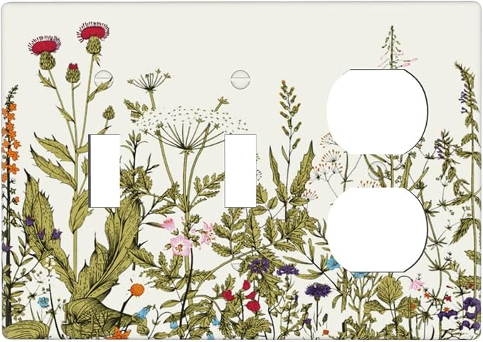 Country Vintage Rustic Flowers Floral 3 Gang 2 Toggle 1 Rocker/GFCI/Decorator Combination Outlet Light Switch Cover Beige Yellow Blossom Nature Wildflower Style Decorative Combo Switch Face Wall Plate