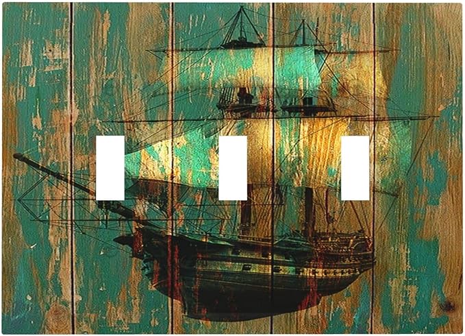 Decorative Switch Plates Rustic Green Wood Grain Sailboat 3 Gang Wall Plate Faceplate Triple Toggle Light Switch Cover Electrical Wall Panels for Farmhouse Bedroom Decor