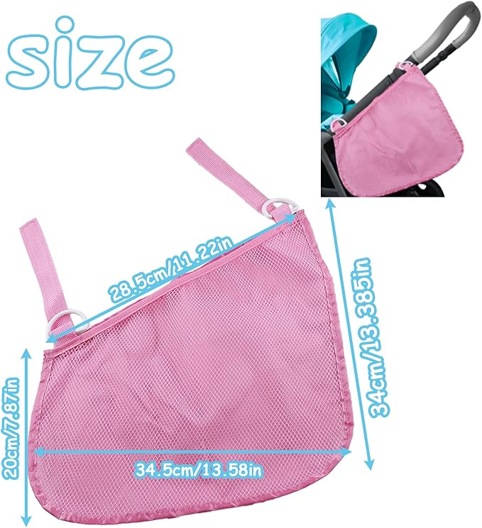 2 Pack Universal Side Sling Stroller Organizer with Mesh Cargo Net,Adjustable and Non-Slip Stroller Storage Bags, Portable Side Sling Stroller Cargo Net for Baby Accessories(Pink)