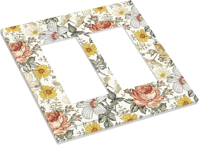 Multicolor Peony Daisy Vintage Floral Flower Decorative Outlet Covers 2 Gang Double GFCI Rocker Electrical Wall Panels Light Switch Cover Plate for Bedroom Living Room Decor