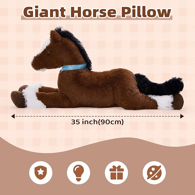 Tezituor 35Inches Large Horse Stuffed Animal, 3 Feet Realistic Stuffed Pony Plush Toy, Hugging Soft Chocolate Horse Plush Body Pillow Gift for Kids Girlfriend