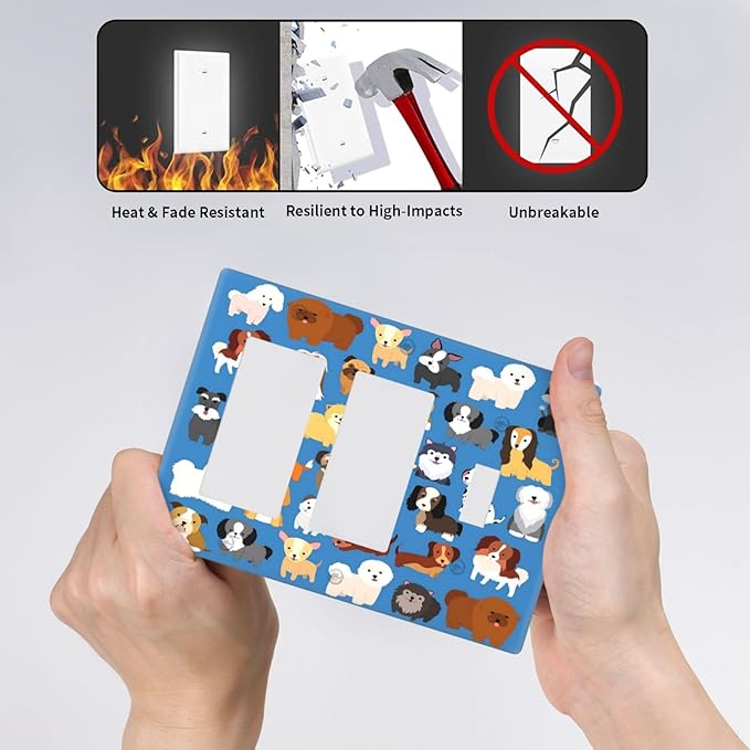 Cute Animal Dogs Puppy Decorative Outlet Cover 2 Rocker 1 Toggle Light Switch Plate Cover Electricity Receptacles Plates For Home Kitchen Living Bedroom 6.4 * 4.5