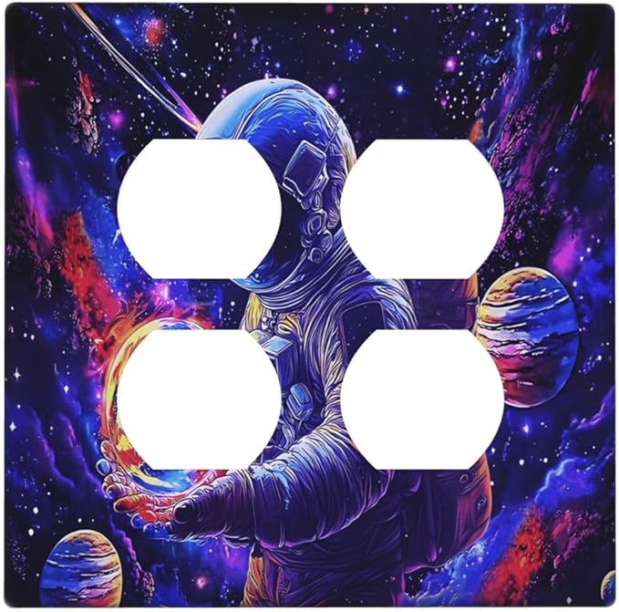 Astronaut Space Cool Galaxy Planet Outlet Covers 2 Gang Double Duplex Decorative Light Switch Covers Electrical Wallplates Socket Faceplate for Kids Room Nursery Decor
