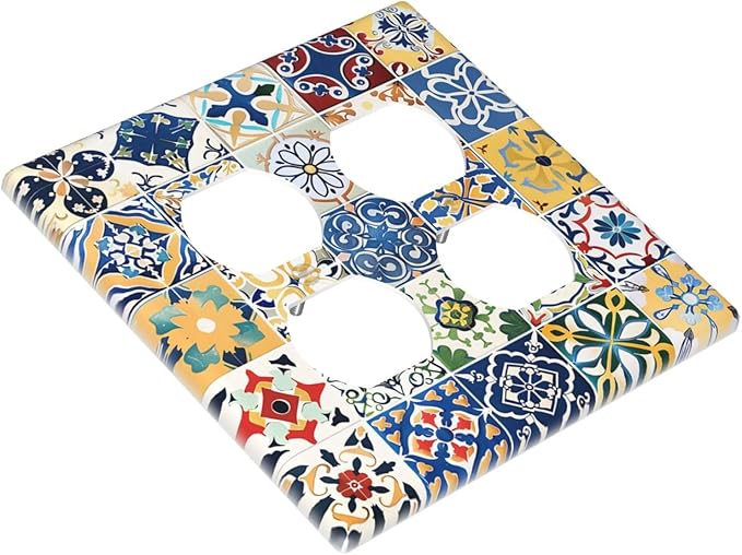 Outlet Covers Moroccan Traditional Mexican Talavera Til 2 Gang Double Duplex Decorative Light Switch Covers Electrical Wallplates Socket Faceplate for Kitchen Home Decor