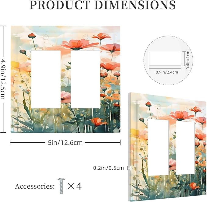 Vintage Red Orange Yellow Poppy Floral Flowers Decorative Outlet Covers 2 Gang Double GFCI Rocker Electrical Wall Panels Light Switch Cover Plate for Bedroom Living Room Decor