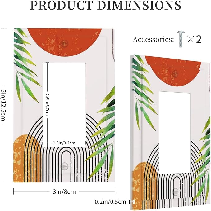 Abstract Boho Modern Mid Century Bohemian Sun 1-Gang Decorator Rocker Outlet Light Switch Cover Orange Minimalist Arch Leaf Decorative Single Device GFCI Receptacle Switch Wall Plate Dimmer Mid Size
