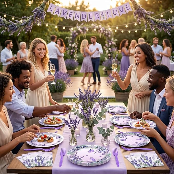 96 Pcs Spring Purple Party Supplies Lavender Paper Plates Napkins Watercolor Floral Cake Dessert Tableware Set Flower Butterfly Dinnerware for Summer Birthday Party Shower Decoration Serve 24