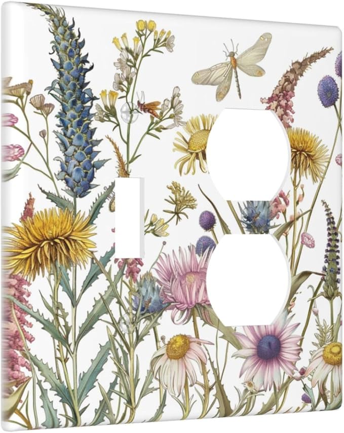Light Switch Cover Plate Botanical Wildflowers Dragonfly Colorful Floral 2 Gang Decorative Switch Plates 1 Toggle Duplex Combo Outlet Covers GFCI Wall Plates for Bathroom Bedroom Decor