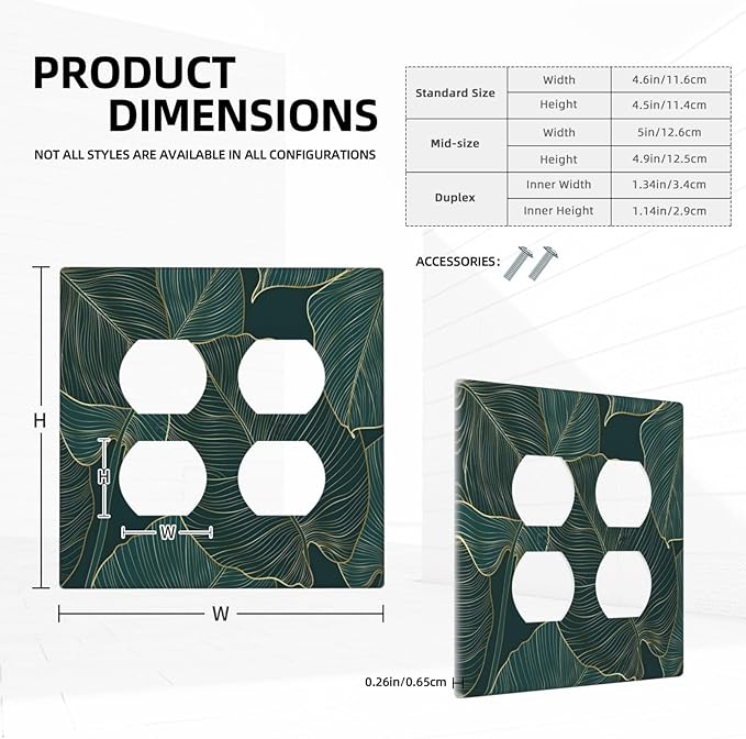 Gold Tropical Green Botanical Palm Leaves Outlet Covers 2 Gang Double Duplex Decorative Light Switch Covers Electrical Wallplates Socket Faceplate for Bedroom Living Room Decor
