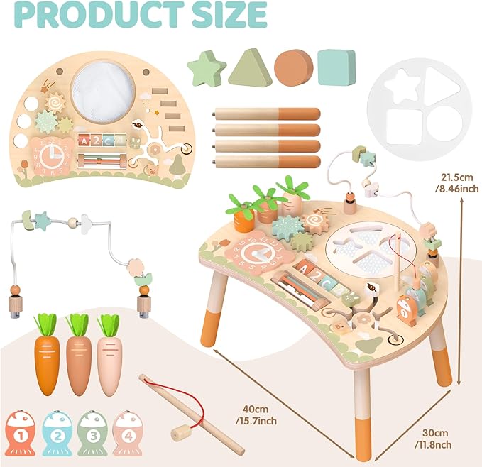 Wooden Activity Table for Toddlers 1-3, 9 in 1 Montessori Sensory Table with Bead Maze Shape Sorter Fishing Game, Baby Activity Center Learning Toys for 1 2 3 Year Old Boys Girls