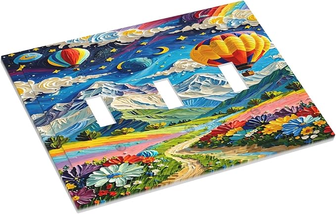Hot Air Balloons Floral Vibrant Colors Flowers Mountains Stars Moon Decorative Switch Plates 3 Gang Wall Plate Faceplate Electrical Wall Panels Triple Toggle Light Switch Cover for Bedroom Kids Room