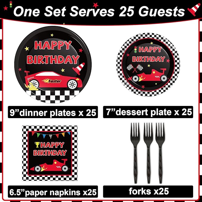 100 Pcs Race Car Party Plates and Napkins Set Racing Car Birthday Party Decorations Racing Party Supplies Race Car Tableware Racing Themed Party Favors for Birthday Party Decorations Serves 25