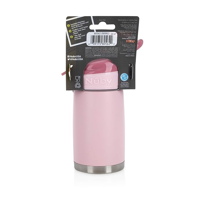 Nuby Thirsty Kids No Spill Flip-It Reflex Stainless Steel Travel Cup or Water Bottle - 10 Oz - 18+ Months - Pink - Back to School Essentials