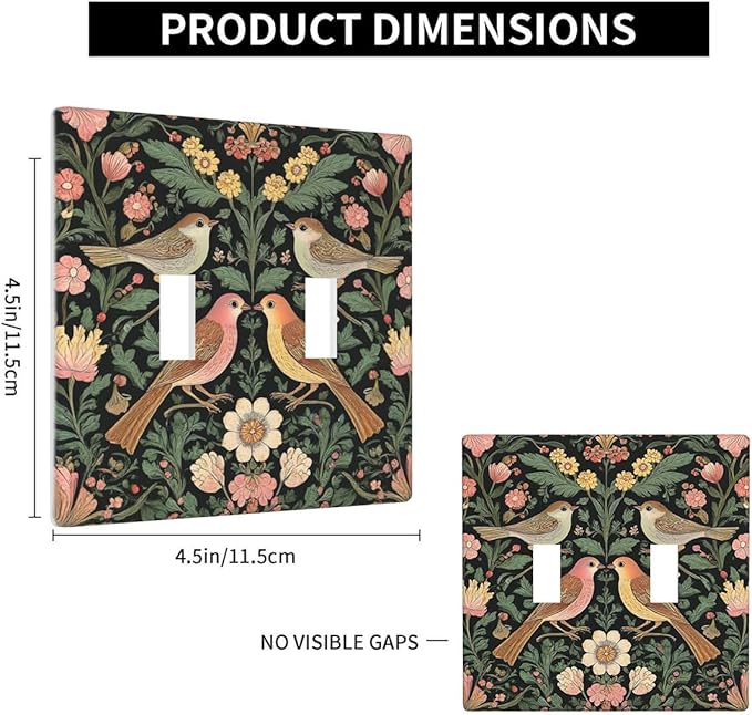 Vintage Bird Floral 2-Gang Double Toggle Switch Plate, Dark Green Bird Flower Wall Plate for Home, Bedroom, Sunroom & Bathroom