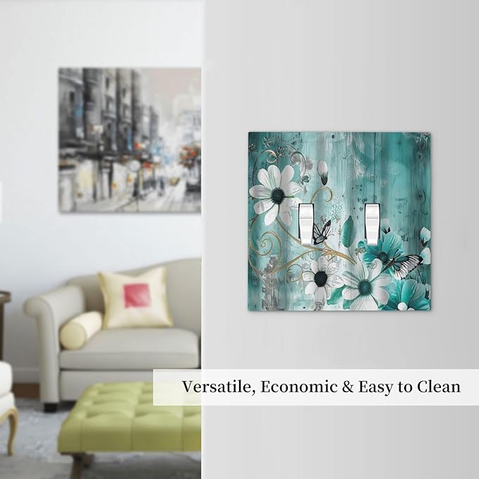 Decorative Switch Plate Covers Turquoise Flowers and Butterflies Rustic Teal White Floral 2 Gang Wall Plate Double Toggle Light Switch Cover Plate Electric Dual Device Electrical Faceplate