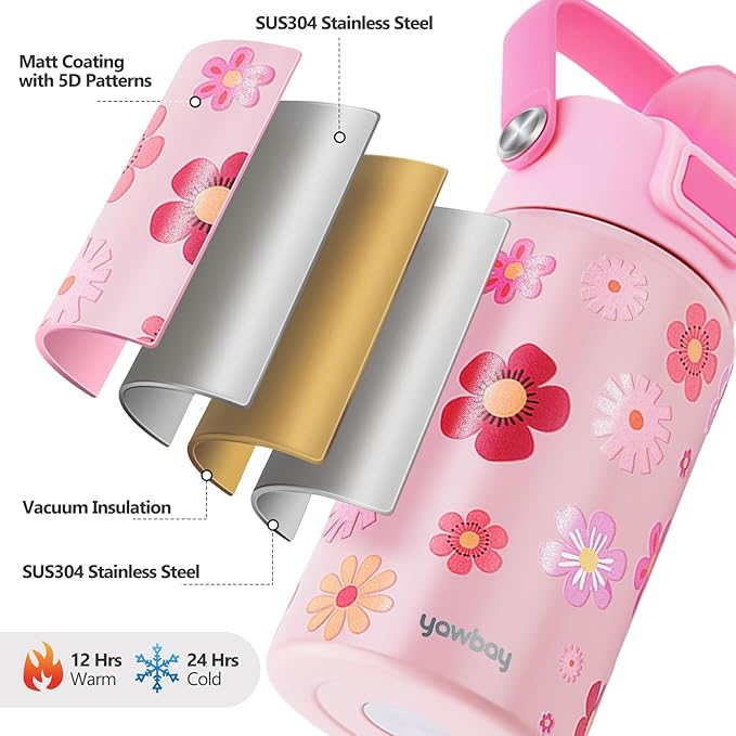 Kids Water Bottle for School 12 oz,Insulated Stainless Steel Water Bottle for Kids,Water Bottles for Toddler Girls Boys with Pop-Up Straw-Cap(Flower)