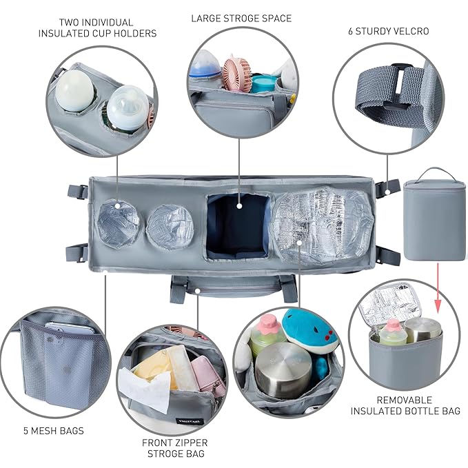 Double Stroller Organizer Universal with 2 Insulated Cup Holders & Cooler Bag, Large Storage Parent Console for Bob Duallie, Baby Jogger City Mini GT2