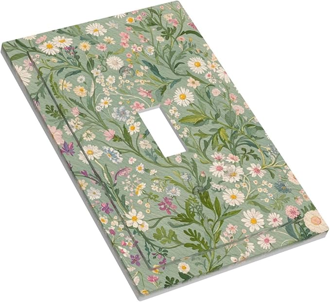 Decorative Switch Cover Plate with Vintage Wildflowers & Daisies on Light Green Background Design Single Gang Toggle Switch Plate Light Switch Covers Artistic Faceplate
