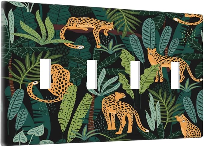 Jungle Cheetah Tropical Wildlife Leopard Green Palm Leaf Light Switch Covers Quad Toggle Electrical Faceplate 4 Gang Wall Plate Decorative Switch Plates Cover for Farmhouse Home Decor