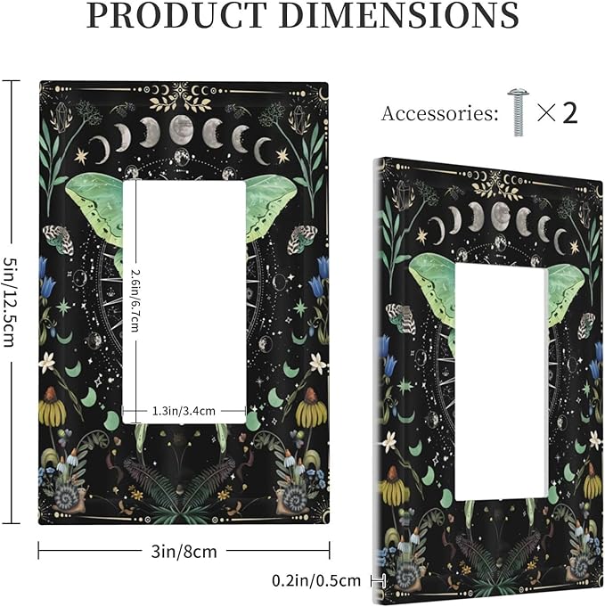 Moon Phase Butterfly Wildflower Plant Mysterious Night Moonlit Decorative Outlet Covers 1 Gang Single Rocker Light Switch Cover Plate Wall Plates GFCI Faceplate for Bedroom Living Room Decor