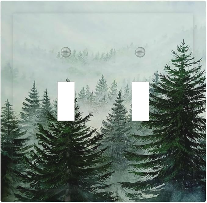 Forest Pinetrees Misty Landscape Nature Decorative Switch Plates 2 Gang Double Toggle Wall Plate Electrical Faceplate Outlet Light Switch Cover for Bedroom Farmhouse Decor