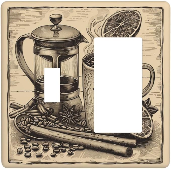 Light Switch Cover Plate Beige Vintage Rustic Coffee Beans Spice 2 Gang Combo Wall Plates Toggle Rocker Decorative Switch Plates and Outlet Covers for Kitchen Coffee Bar Decor