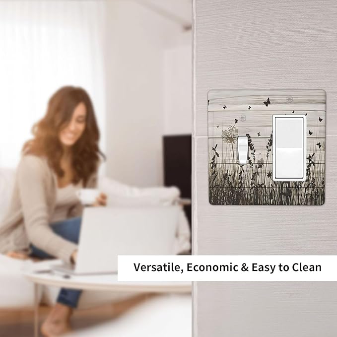Wildflower Butterfly Grass Dandelion Vintage Wooden Print Outlet Covers 1 Toggle 1 Rocker Combination Decorative Wall Plate Electrical Switch Plates Light Switch Cover Plate for Farmhouse Home Decor