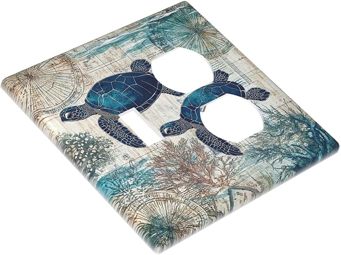Blue Green Sea Turtle Tropical Ocean Coral Nautical Map Wallplates 1 Toggle 1 Duplex Switch Plate Electrical Gfci Faceplate Decorative Light Switch Covers For Bed Room Bathroom Decor