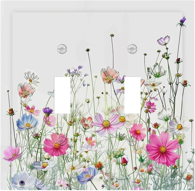 Decorative Switch Plates Boho Colorful Flowering Plant Wild Flower 2 Gang Double Toggle Outlet Light Switch Cover Wall Plate Electrical Faceplate For Bed Room Living Room Decor