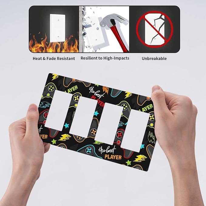 Kid Boys Gamer Gaming Game 4 Gang Quad Rocker Light Switch Cover Plate Decorative Electric Faceplate Switchplate Living Room Bedroom Decorate Jumbo Screwless