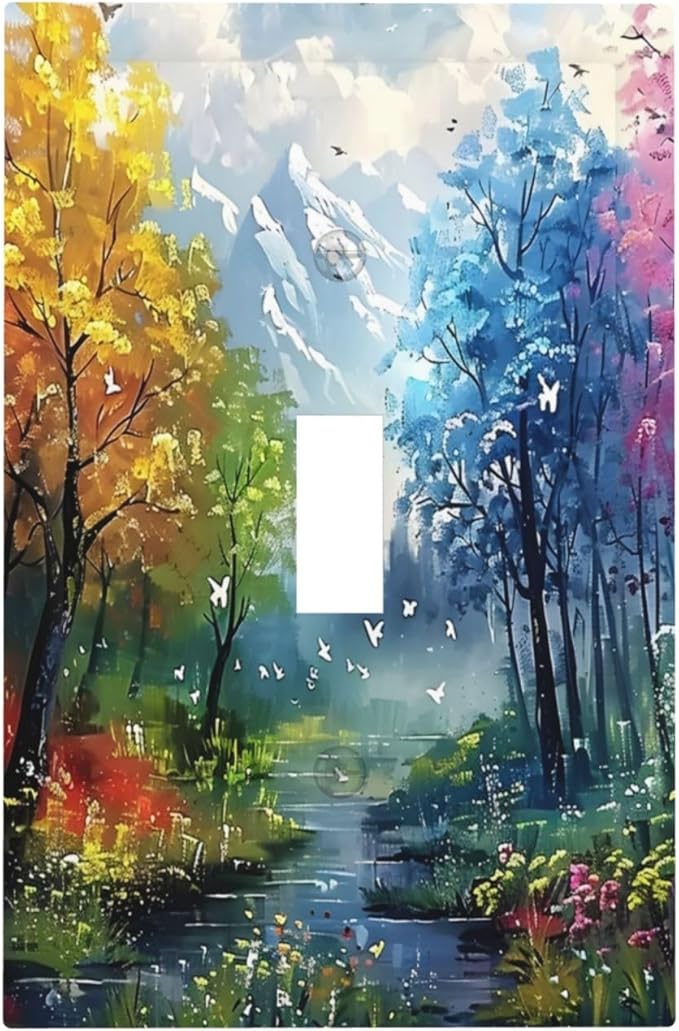 Colorful Forest Snow Mountain River Oil Painting Style Decorative Light Switch Cover 1 Gang Single Toggle Device Electrical Faceplate Switchplates Decorator Outlet Wall Plate for Bedroom Living Room