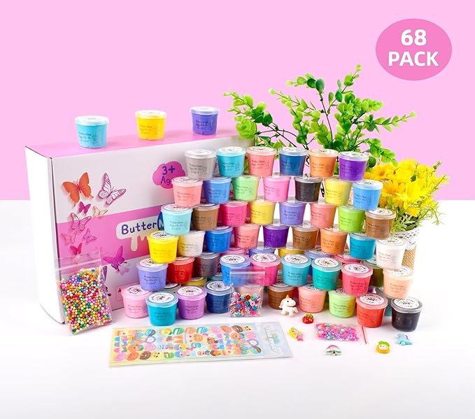 Butter Slime Kit 68 Pack, Mini Slime Party Favors for Girls Boys, Scented Bulk Slime Supplies & Kids, Stress Relief Toy, Soft & Non-Sticky, Birthday Stocking Fillers Goodie Bags Stuffers