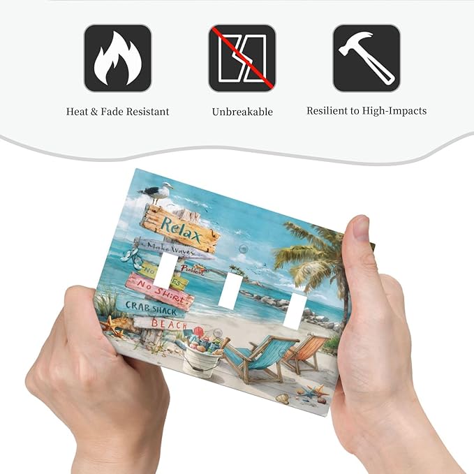 Ocean Beach Tropical Palm Tree Coastal Seaside Decorative Switch Plates 3 Gang Wall Plate Triple Toggle Light Switch Cover Faceplate Electrical Wall Panels for Kids Room Living Room Decor