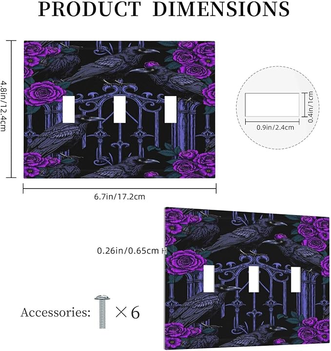 Decorative Switch Plates Gothic Style Crow Purple Flowers 3 Gang Wall Plate Faceplate Triple Toggle Light Switch Cover Electrical Wall Panels for Bedroom living Room Decor