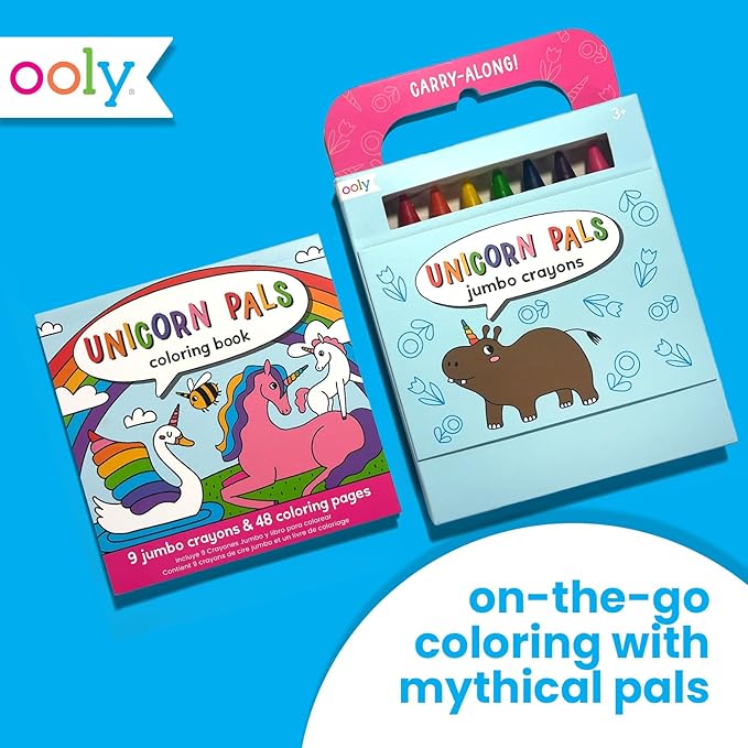 Ooly Travel Art Kit with 9 Jumbo Crayons & 48 Themed Coloring Pages & Case for Easy Traveling Art Creation, Perfect Airplane & Road Trip Activities for Kids - Unicorn Pals