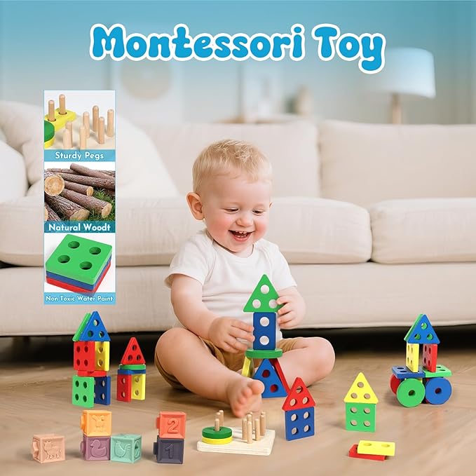 LearnToy Baby Toys 18-36 Months, Montessori 7-in-1 Activity Set - Stacking Blocks, Infant Teething Toy & Sensory Bin, Baby Boys & Girls Gifts